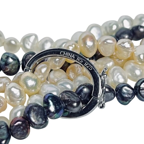 Set Of 3 Freshwater Pearl Necklaces White Cream & Black W/Sterling Clamp (5881) - Picture 7 of 7